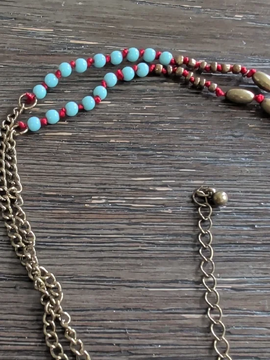 Boho Red Tassel Necklace with Turquoise Beaded Chain - Picture 5 of 5